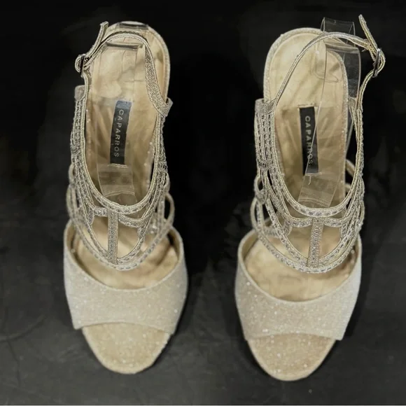 Caparros Gold Silver Rhinestone Open Toe Ankle Strap Strappy 4” Heels Size 7.5 - Picture 5 of 16